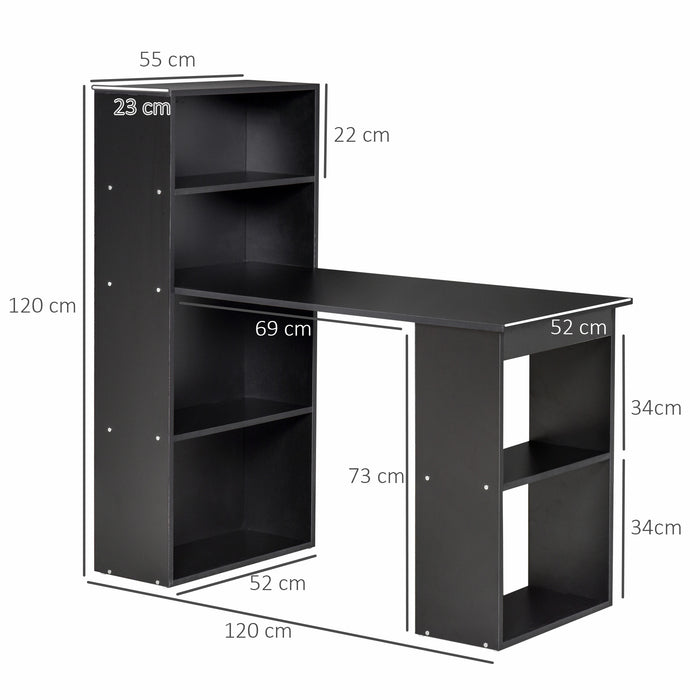 Modern 120cm Computer Desk with Bookshelf - Convenient Workstation for Writing, PC and Laptop Use, Study - Home Office Design with 6 Storage Shelves, Black