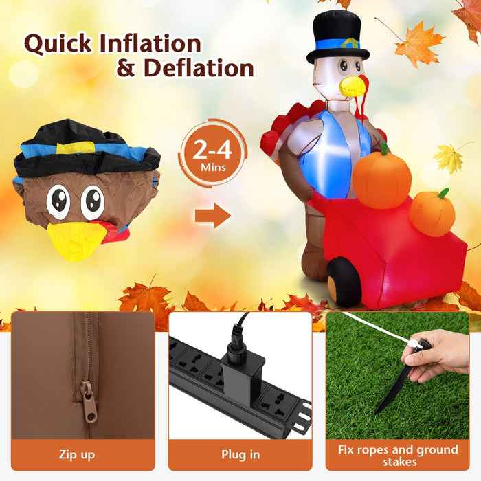 Inflatable Turkey & Pumpkin Cart - 6 Feet Thanksgiving Lighted Decor - Ideal for Holiday Season Outdoor Display