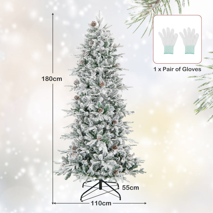 Artificial Xmas Tree with Flocked Branch Tips - 180 cm Tall with Natural Pine Cones & Warm White Lights - Perfect for Creating a Festive Ambiance