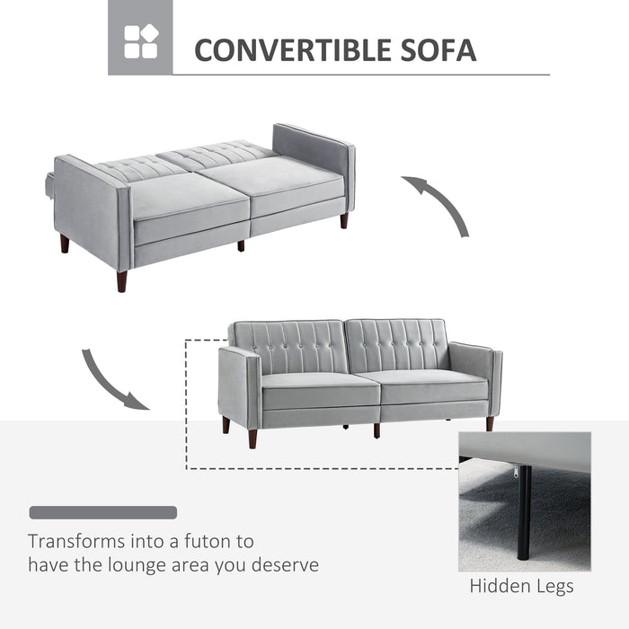 Convertible Sofa Futon - Velvet-Touch Tufted Loveseat with Adjustable Split Back in Light Grey - Space-Saving Couch for Small Living Areas or Guest Rooms