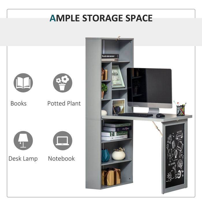 Convertible Wall-Mounted Desk with Blackboard - Fold-Out Writing Station with Side Shelf - Space-Saving Grey Home Office Solution