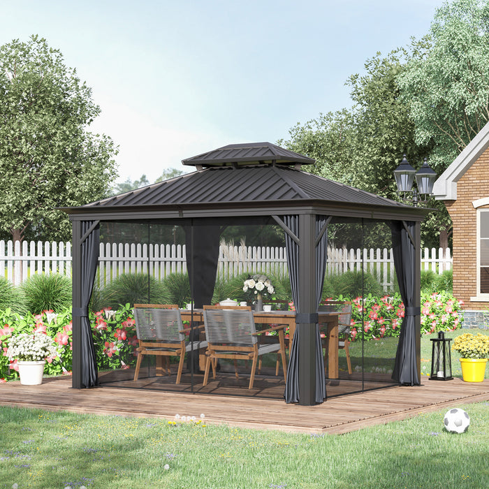 Outdoor Hardtop Gazebo Canopy 3.7x3m - Aluminum Frame, 2-Tier Roof, Mesh Netting Sidewalls, in Grey - Ideal for Patio Enhancement and Entertaining
