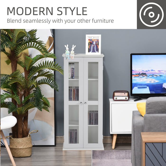 4-Tier CD Storage Media Cabinet - Contemporary White Bookcase with Magnetic Doors, 100-CD Capacity - Ideal for Organizing Media Collections at Home