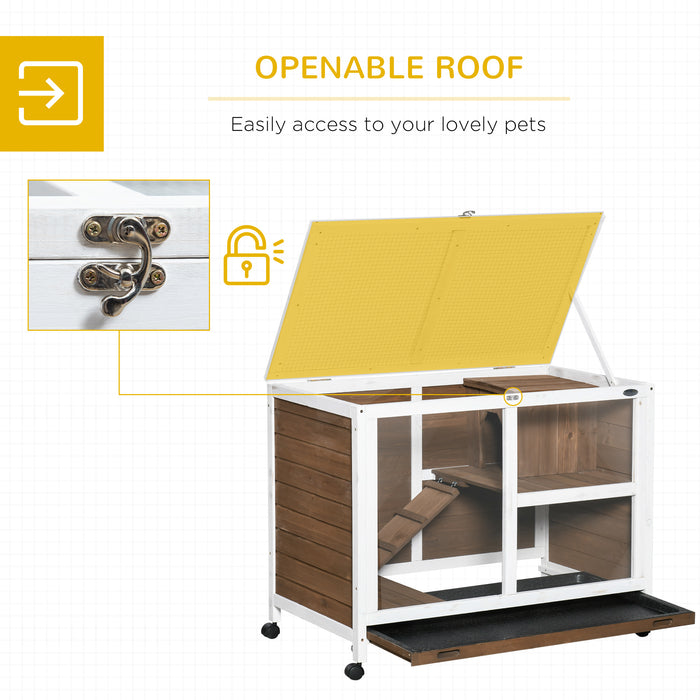 Premium Wooden Hutch for Rabbits & Guinea Pigs - Small Pet Cage with Pull-Out Tray & Openable Roof on Wheels, Brown - Ideal Home for Bunny and Cavy Comfort