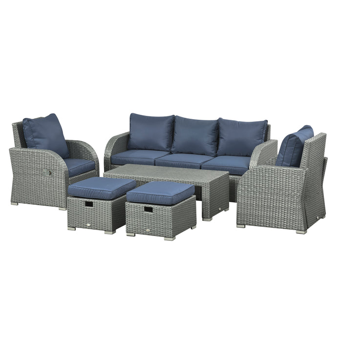 6pc Rattan Wicker Patio Ensemble - 3-Seat Sofa, Single Chairs, Ottomans & Coffee Table - Ideal for Garden and Outdoor Entertaining