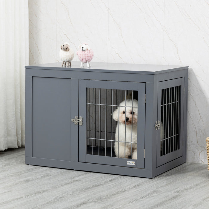 End Table Dog Crate with Style - Indoor Dual-Door Lockable Pet Cage Kennel for Small to Medium Dogs - Decorative Grey Puppy House Blends with Home Decor