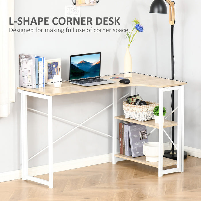 L-Shaped Folding Desk - Oak-Toned Home Office Corner Workstation with Storage Shelves - Space-Saving Study Table for Students & Professionals