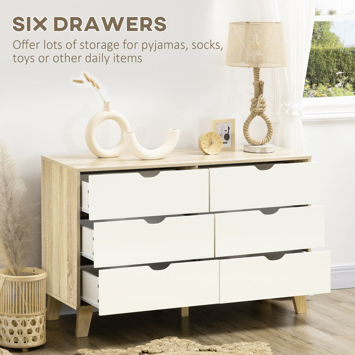 6-Drawer Wide Dresser - Bedroom & Living Room Storage Organizer with Wooden Legs - White & Light Brown Chest for Ample Space Management