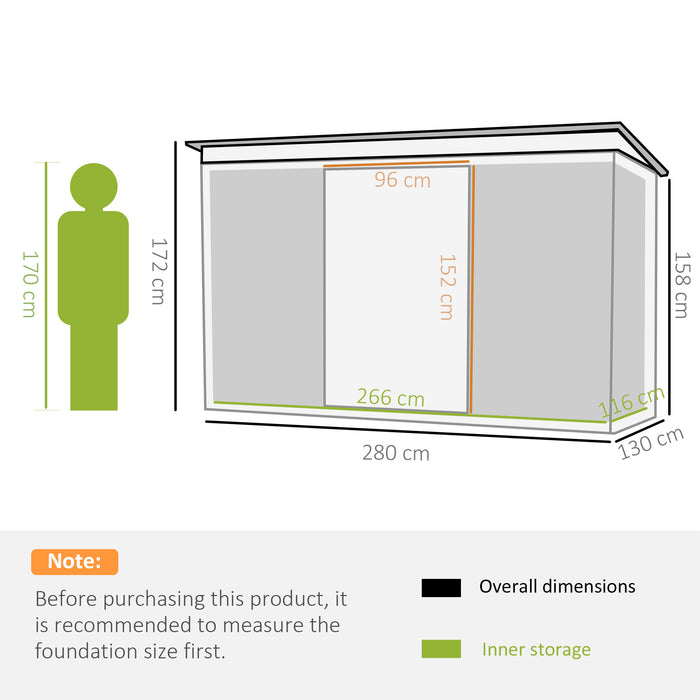 Corrugated Garden Shed - 9x4ft Light Grey Metal Storage for Outdoor Equipment and Tools, with Ventilation and Double Doors - Ideal for Home Garden and Yard Maintenance