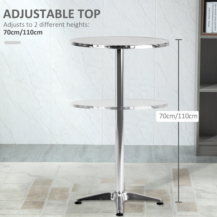 Round Aluminum Bistro Bar Table - Stainless Steel, Adjustable 70cm/110cm Heights, Ideal for Dining and Wine Pubs - Fits Indoor & Outdoor Settings