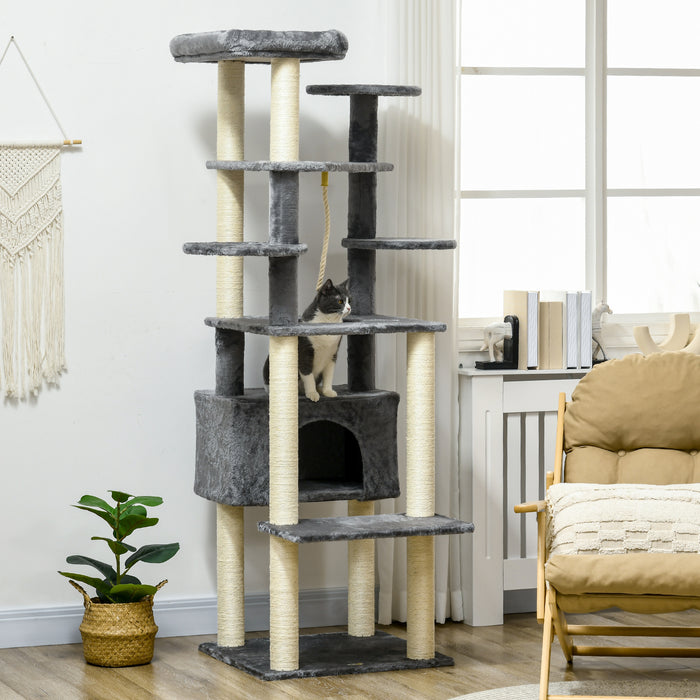 Multi-Level 184cm Cat Tree with Scratching Posts - Indoor Cat Climbing Tower, Bed, Condo & Perches - Ideal for Playful Kittens & Adult Cats with Hanging Play Rope, Grey