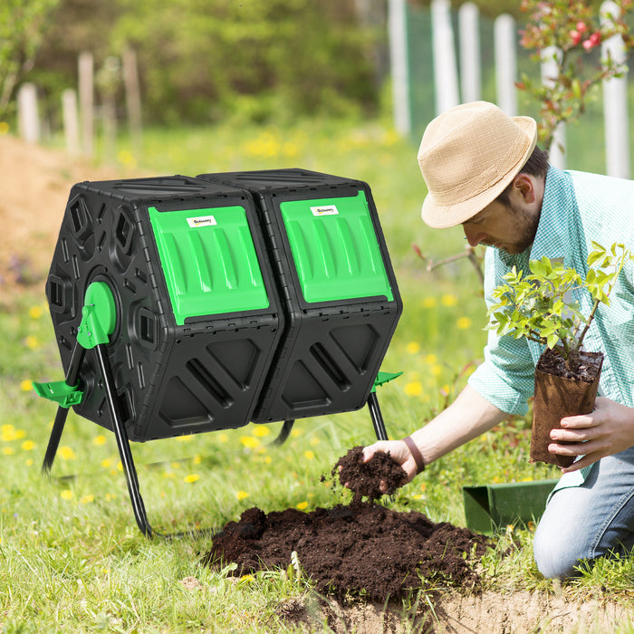 Dual Chamber 130L Rotating Composter - Garden Compost Bin with Aerating Openings and Sturdy Steel Legs - Ideal for Organic Waste Recycling & Soil Enrichment