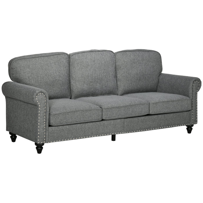 Fabric 3-Seater Sofa with Nailhead Trim - Grey Couch with Rolled Arms & Plush Cushions - Comfortable Living Room Seating Solution