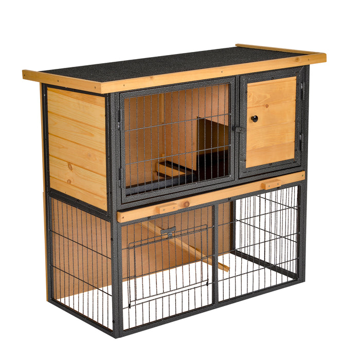 Elevated Wooden Rabbit Hutch with Metal Frame - Bunny Cage with Slide-Out Cleaning Tray, Asphalt Roof, Secure Lockable Door - Ideal for Outdoor Pet Housing and Protection