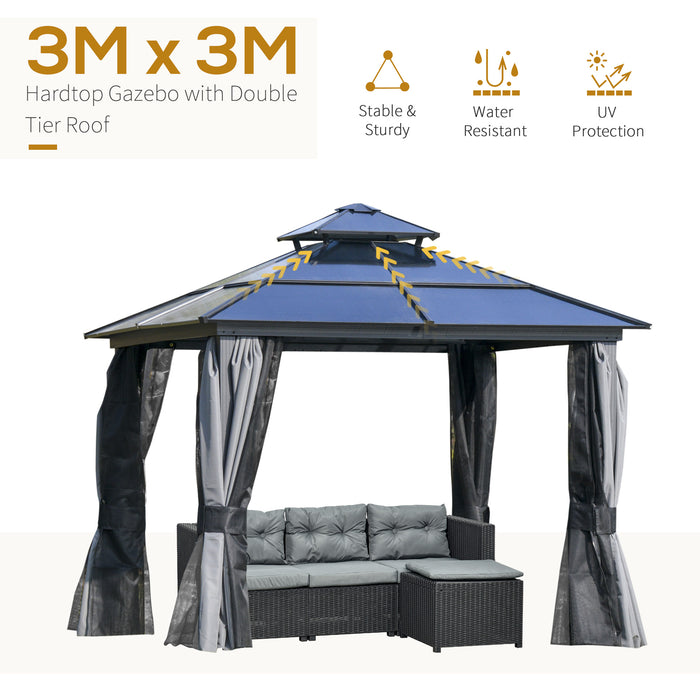 Polycarbonate Hardtop Gazebo Canopy 3x3m - Double-Tier Roof, Aluminium Frame, Garden Pavilion - Includes Mosquito Netting and Curtains for Outdoor Relaxation