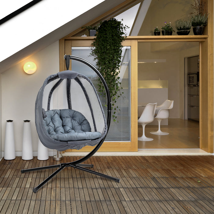 Folding Hanging Egg Chair with Stand - Grey Swing Hammock with Cushion for Patio and Garden - Ideal for Indoor/Outdoor Relaxation and Comfort