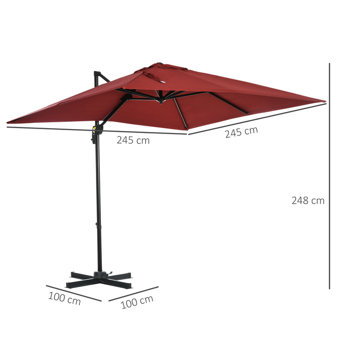 Large 2.5x2.5m Wine Red Cantilever Umbrella with Aluminium Frame - Outdoor Offset Parasol, Sun Shade, 360° Rotation with Crank Handle and Cross Base - Ideal Shelter for Patio, Garden, or Deck