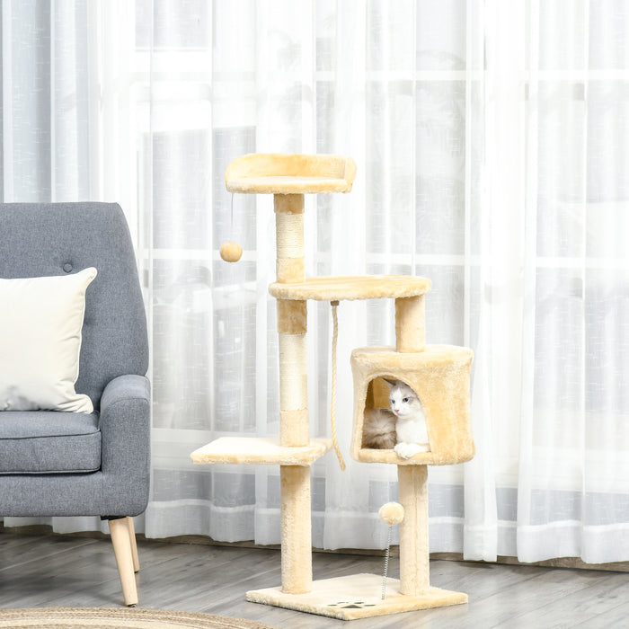 Cat Tree Tower - 114cm Tall Beige Cozy Condo for Cats with Scratching Posts - Ideal for Climbing & Lounging Pets