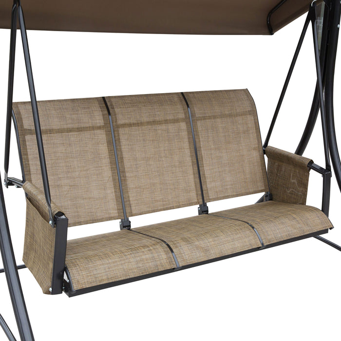Outdoor High-Back 3-Person Patio Swing Chair - Adjustable Canopy, Side Pouches, Porch Seating in Brown - Relaxation and Comfort for Deck or Garden