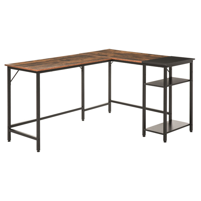 L-Shaped Industrial Computer Desk - Space-Efficient Corner Writing Desk with Adjustable Storage Shelf - Ideal for Home Office and Workstation in Rustic Brown