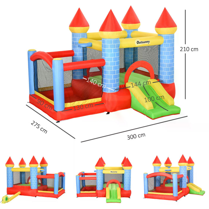 Kids Bounce Castle House with Inflator - 4-in-1 Inflatable Trampoline, Slide, Water Pool, and Basketball Area - Enchanting Castle Design for Children Ages 3-10