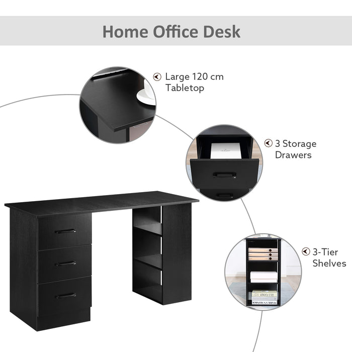 120cm Computer Desk with Shelves and Drawers - Sturdy Writing Table and Workstation - Ideal for Home Office and Study Space in Black