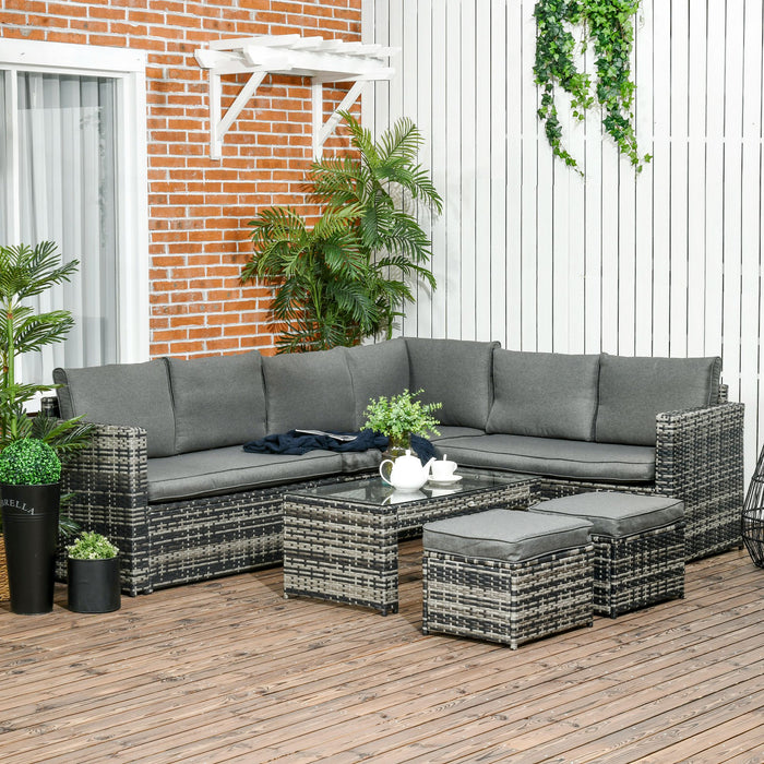 Rattan Outdoor Lounge Suite - 6-Piece, Grey 8-Seater Patio Set with Cushioned Loveseats, Footstools & Table - Ideal for Garden Entertaining and Relaxation