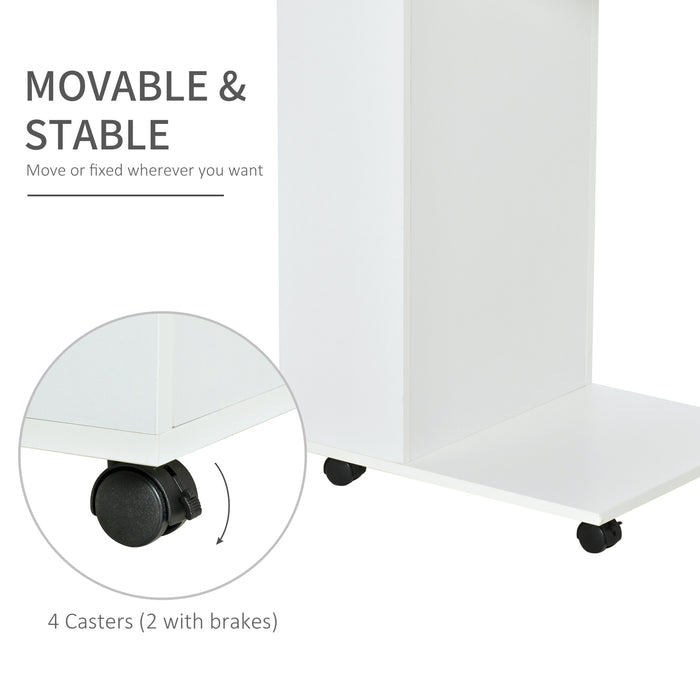 C-Shape Sofa Side Table with Storage - Mobile End Table on Casters for Laptop and Snacks, White - Ideal for Small Spaces and Convenient Living Room Access