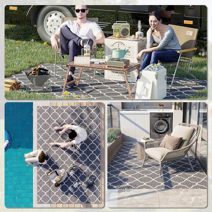 Reversible Outdoor Rug with Accessories - Waterproof Plastic Straw Mat, Carry Bag & Ground Stakes for Backyard, Deck, RV, Picnic, Camping - Ideal for Outdoor Activities & Travel in Grey & White