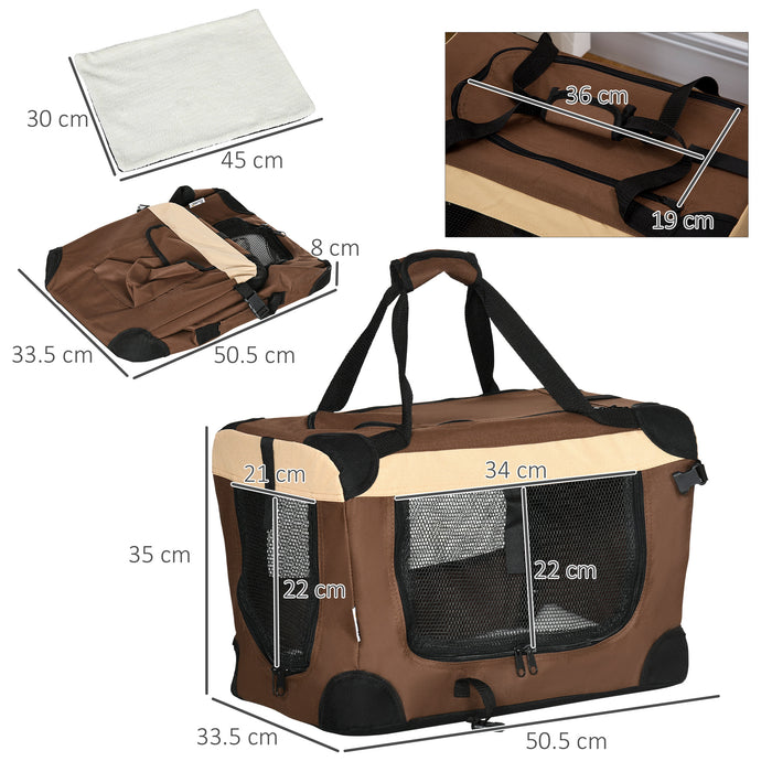 Foldable 51cm Pet Carrier for Small Animals - Easy Transport Dog Cage & Portable Cat Bag with Cushion - Ideal for Miniature Dogs and Cats, Travel-Friendly in Brown