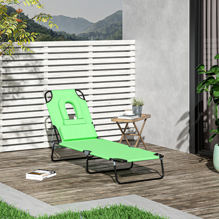 Foldable Sun Lounger with Pillow - Reclining Chair with Reading Hole for Beach & Garden - Adjustable Outdoor Recliner in Green for Relaxation