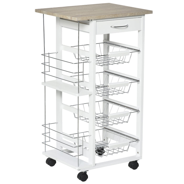 Kitchen Utility Cart with Wheels - 4 Basket Drawers & Side Racks for Storage - Mobile Organizer for Dining Room, Brown