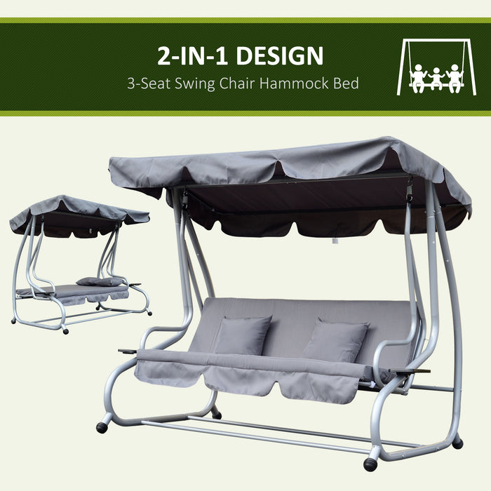 3 Seater Swing Chair with Tilting Canopy - 2-in-1 Garden Swing Seat and Bed with 2 Cushions in Grey - Versatile Hammock Bench for Relaxing Outdoors