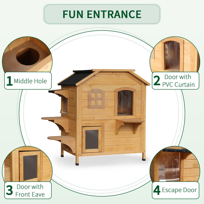 Cat Haven Wooden Cat House - 2-Level Condo & Cave Shelter for Pets - Outdoor Villa with Natural Wood Finish for Feline Comfort and Security