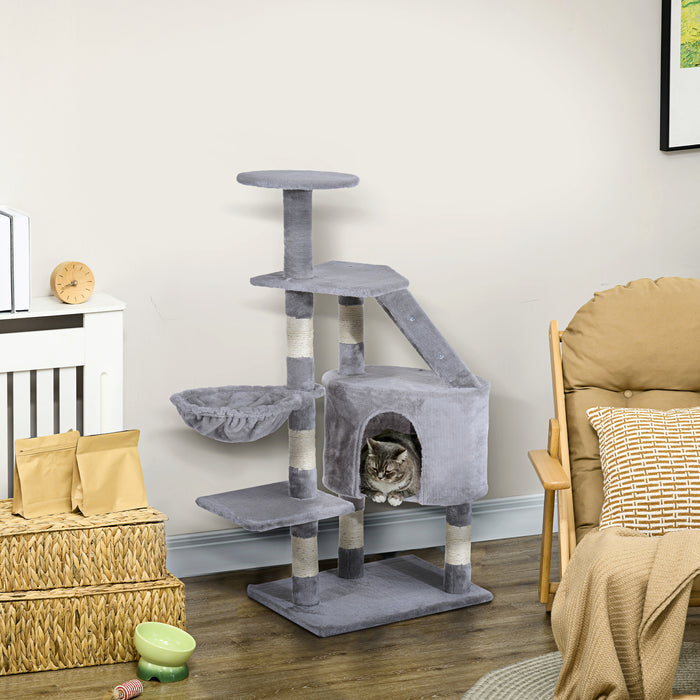 Cat Tree Scratching Post - Multi-Level Kitten Climb Activity Center with Play House - Ideal Pet Furniture for Play & Scratch for Cats (125cm, Grey)