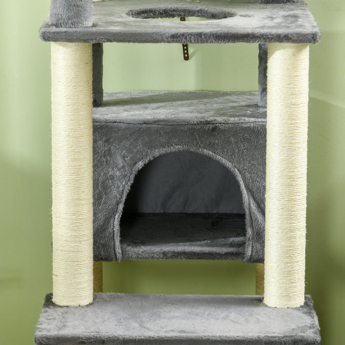 Multi-Level 184cm Cat Tree with Scratching Posts - Indoor Cat Climbing Tower, Bed, Condo & Perches - Ideal for Playful Kittens & Adult Cats with Hanging Play Rope, Grey