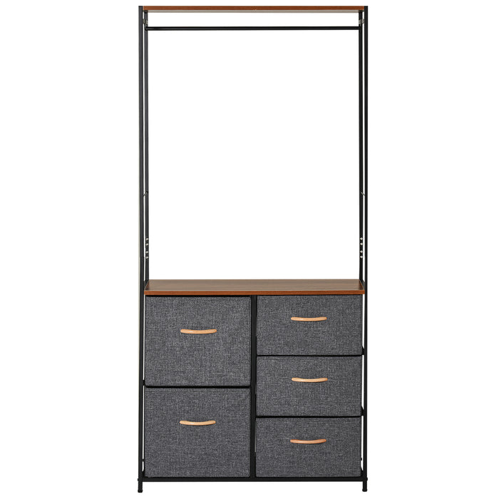 Steel Frame Chest of Drawers with Coat Rack - 5 Spacious Drawers, Sleek Black and Brown Finish, Bedroom and Hallway Organizer - Space-Saving Home Furniture Solution