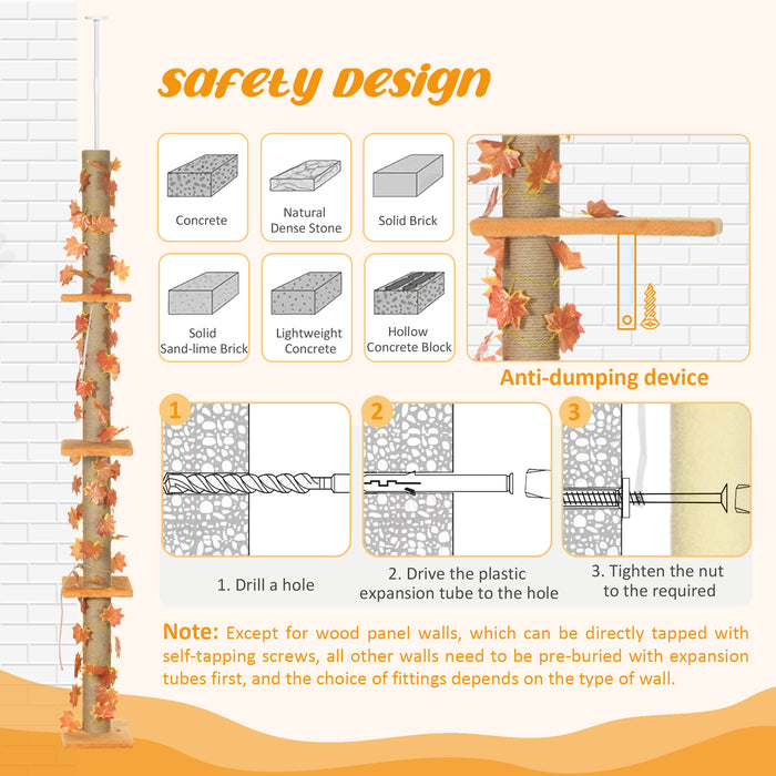 Height-Adjustable Cat Tree 202-242cm - Floor-to-Ceiling Sisal Scratching Post with 3 Tier Tower - Ideal for Cats' Play and Climbing Activities