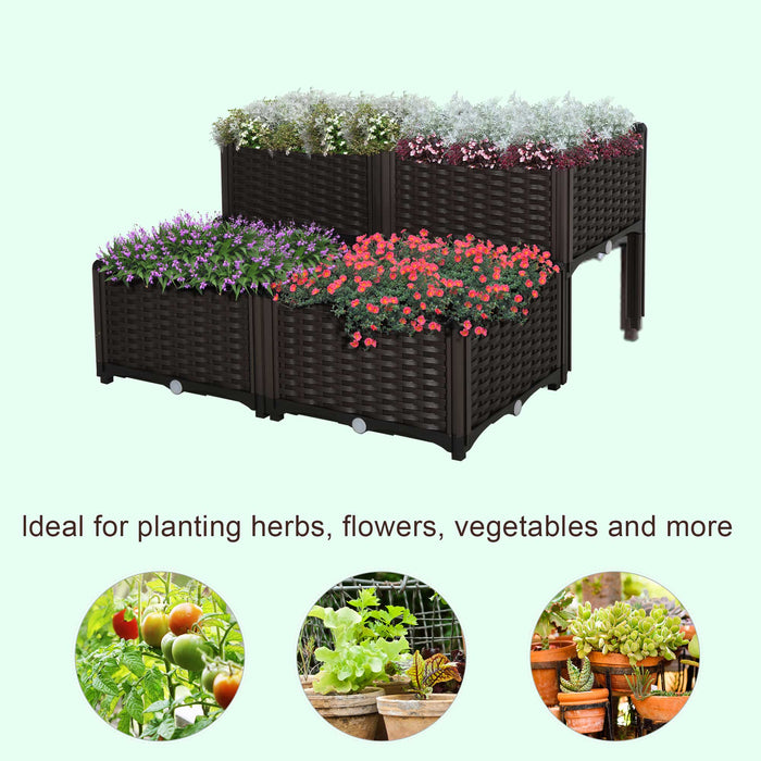 4-Piece Elevated Garden Bed Set - Patio Flower & Vegetable Planter Boxes in Brown PP - Ideal for Outdoor Planting & Gardening Enthusiasts