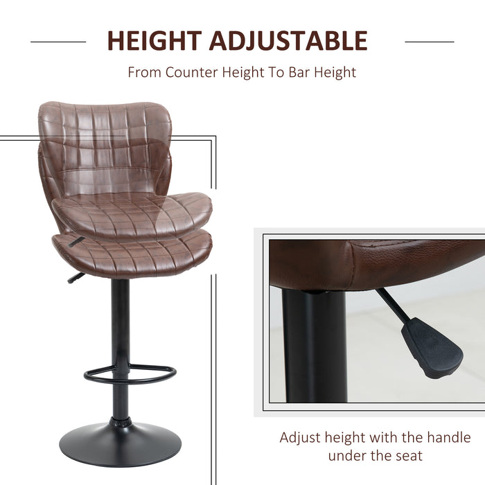 Adjustable Height Swivel Bar Stools Pair - Upholstered in Brown PU Leather with Back & Footrest - Ideal for Kitchen Island & Home Bar Comfort seating