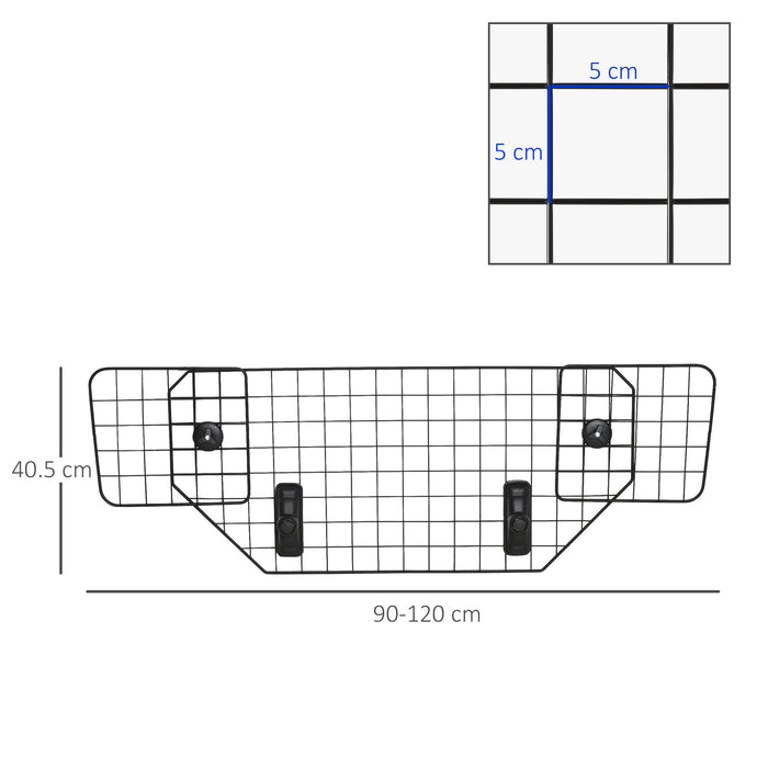 Adjustable Car Dog Guard - Metal Mesh Boot Barrier for Pet Safety, Headrest Mount, 90-120cm W x 40.5cm H - Ideal for Dog Owners to Secure Pets While Driving