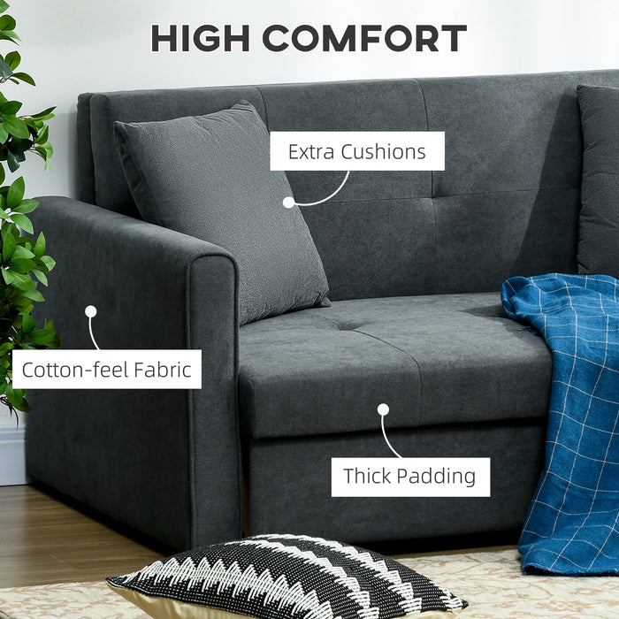 Modern Fabric Loveseat Sofa Couch - 2 Seater Convertible Bed Settee with Hidden Storage and 2 Cushions - Ideal for Guest Room, Comfy Dark Grey Design