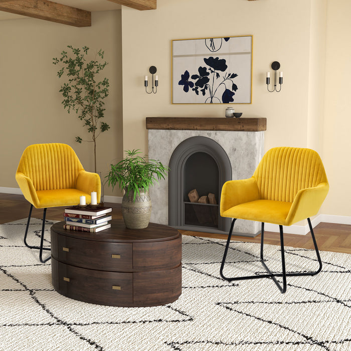 Contemporary Velvet Accent Chair Pair - Luxe Upholstered Armchair with Sturdy Metal Base - Stylish Seating for Living Room, Vibrant Yellow