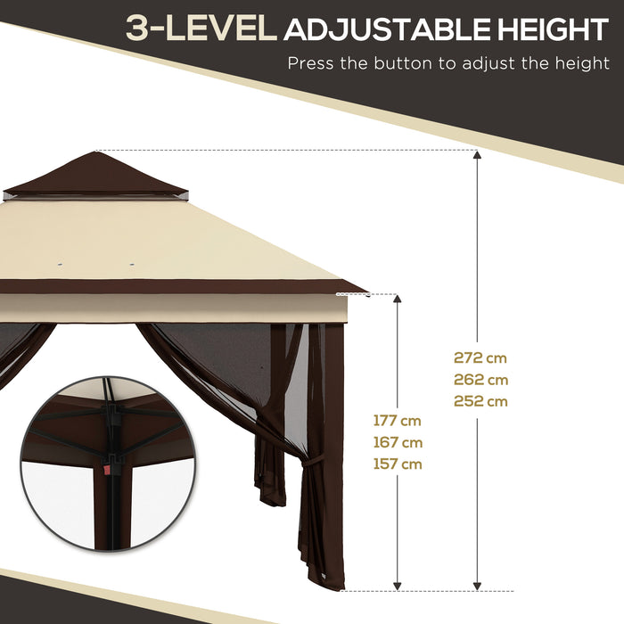 Pop Up Gazebo 3x3m with Height Adjustability - Instant Event Shelter with Mosquito Netting, Beige - Outdoor Gatherings and Garden Protection