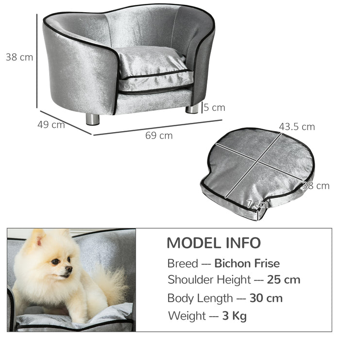 Pet Sofa Bed with Storage Pocket - Removable Cushion, Modern Cat & Dog Lounger, 69x49x38cm, Silver Grey - Comfort Furniture for Small Pets