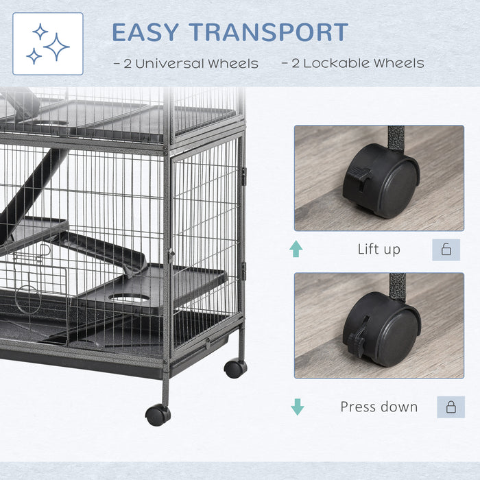 Mobile Small Pet Habitat - Chinchilla, Ferret & Kitten Enclosure with Hammocks and Removable Tray, Silver Grey - Easy Cleaning & Transportation