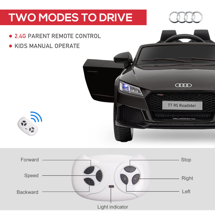 Audi TT RS Kids Electric Ride-On Car - 12V Battery, Remote Control, LED Lights, MP3 Player, Horn, Seatbelt - Black Safety & Fun for Children