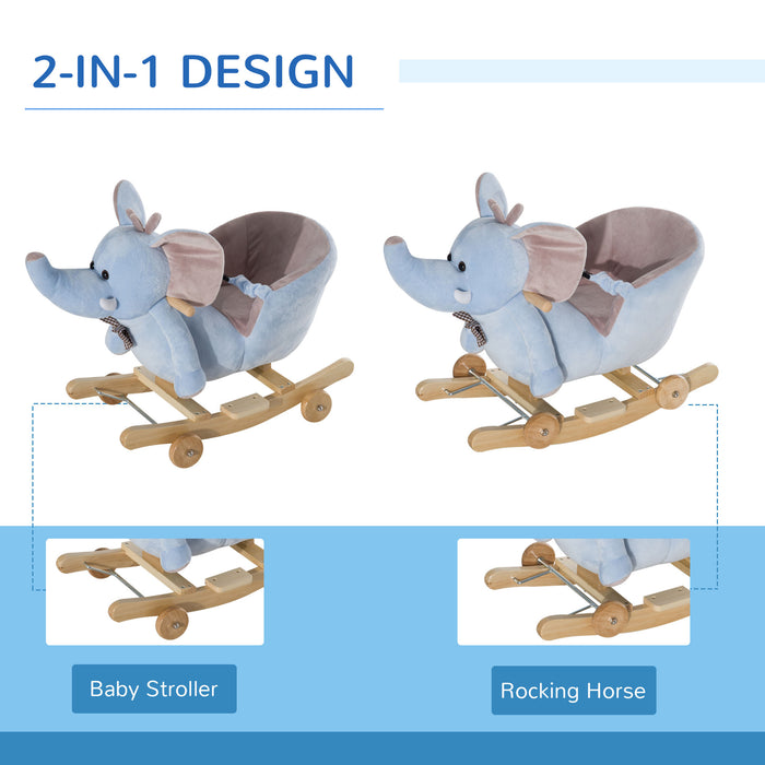 Plush Elephant Rocking Horse with Wheels for Toddlers - 2-In-1 Convertible Wood Base Rocker, 32 Melodies - Interactive Toy for Kids, Soft Plush Finish in Blue