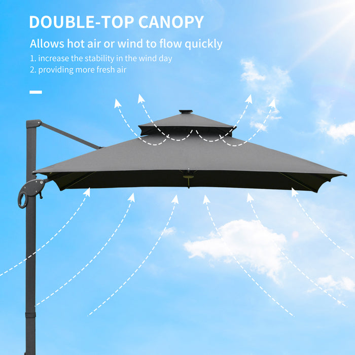 Cantilever Roma Parasol with LED Solar Light - 3x3m Outdoor Sun Umbrella with 360° Rotation and Cross Base - Ideal for Patio, Backyard in Dark Gray