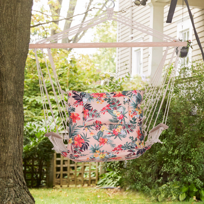 Hanging Hammock Chair with Thick Rope and Wooden Arms - Safe, Wide Seat with Stylish Multicoloured Floral Design for Outdoor Gardens - Comfortable Lounging for Your Personal Relaxation Spot